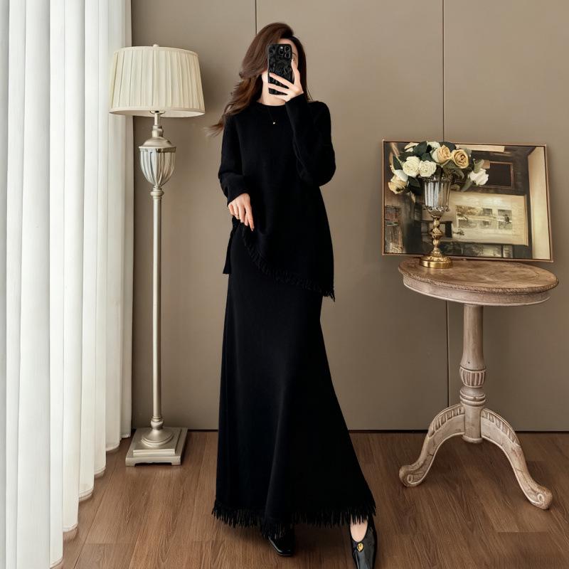 

2025 Winter Chic Loose Tassel Knit Sweater Skirt Set for Women Extra Large чёрный
