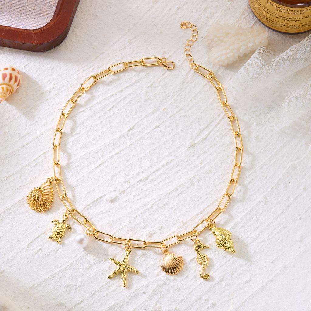 Boho Starfish Scallops Pendant Necklace for Women Ocean Seahorse Pearl Metal Chain Choker Beach Party Aesthetic Jewelry Gifts