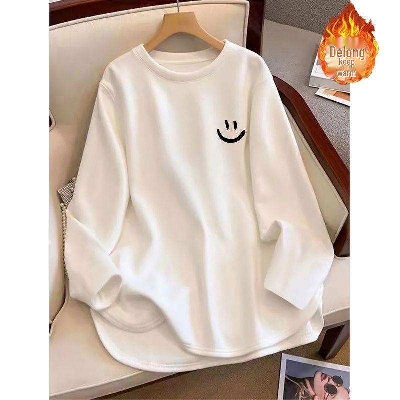 Women's Loose Plush Base Layer Mid-Length Split Long-Sleeve Tee