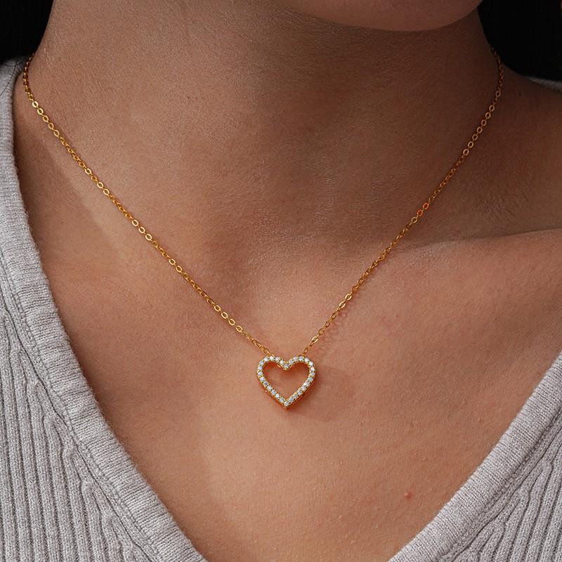 Sterling Heart Pendant Necklace With Moissanite Stone Gold Plated 14K Classic Elegant Jewelry Women