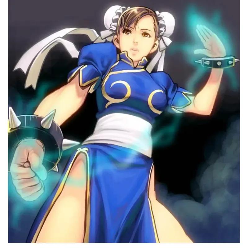 Chun Li Cosplay Costume Gioco SF Chunli Gioco di Ruolo Blu Qipao Vestito Set Completo Jackie Kung fu Halloween Party Suit Per Divertimento