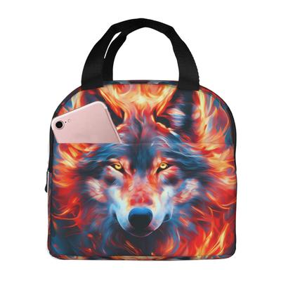 The Wolf The Look Penetrates The Fire Lunch Tote Bag Insulated Leakproof Lunch Box Container with Front Pocket for Girls Boys