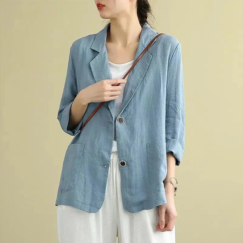 Costume Court d'Été en Coton et Lin Blazer Femme Mode Manteau Fin Manches Trois-quarts Vestes Blazers Décontractées