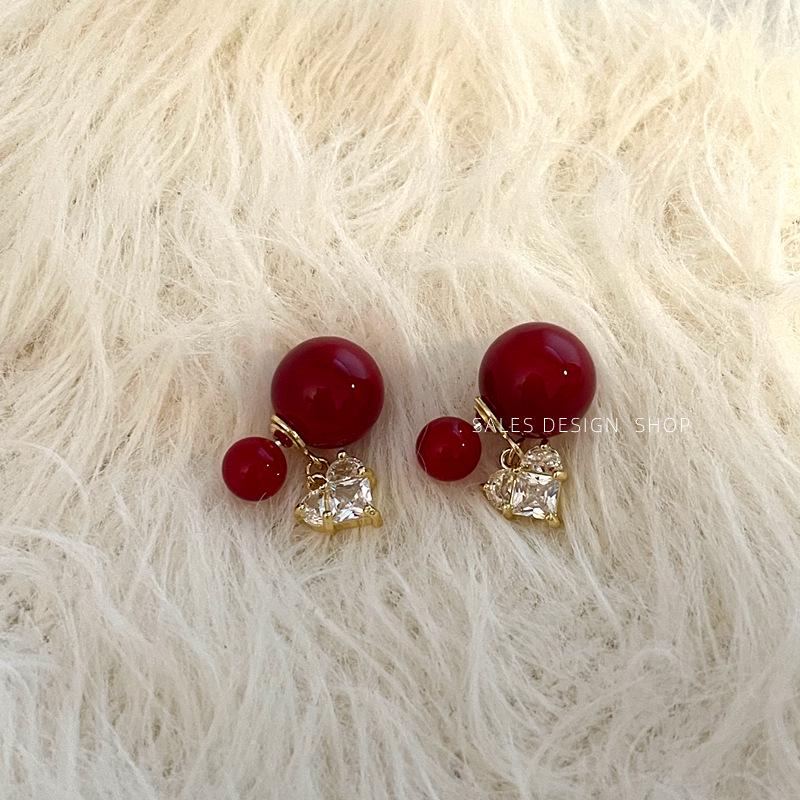 Luxurious Red Heart Zirconia and Pearl Stud Earrings – Chic and Versatile Chinese New Year Jewelry