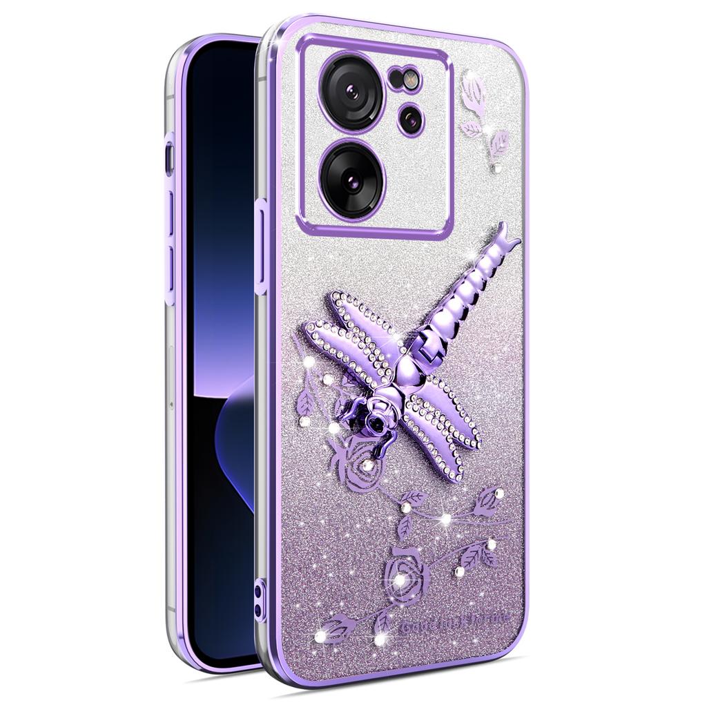For Xiaomi 13T/13T Pro Case Dragonfly Kickstand TPU Flowers Glitter Phone Cover