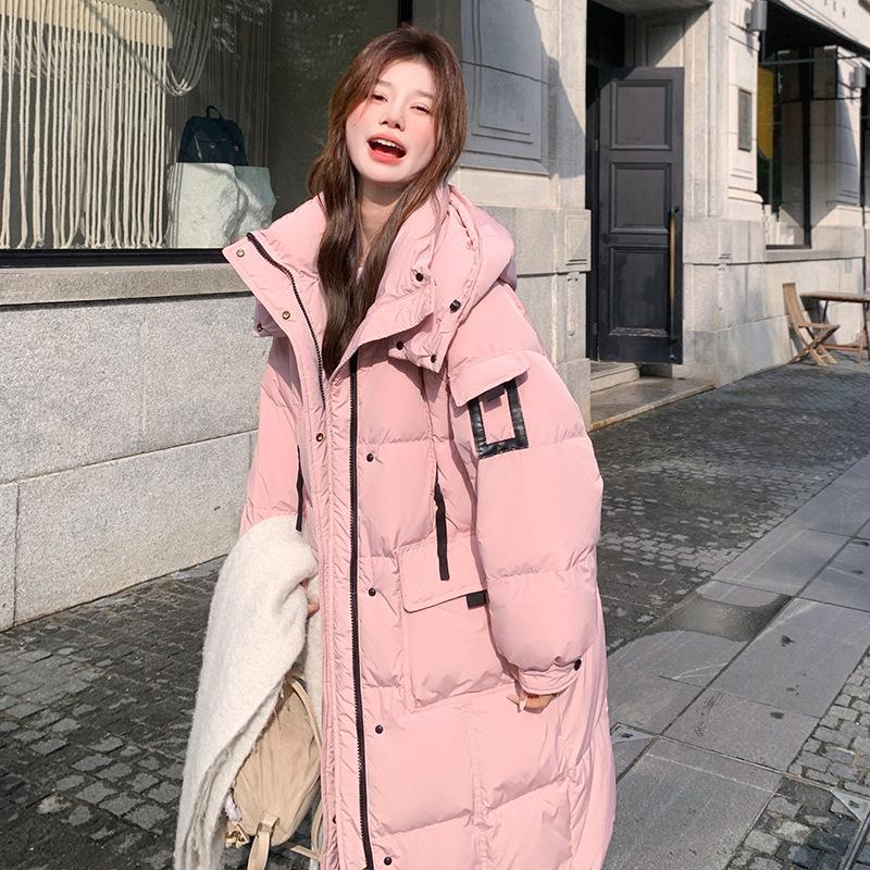 FASHION Pink Long Down Jacket Women's Winter 2024 New Korean Sweet Design Niche White Duck Down Hooded Jacket Clothes