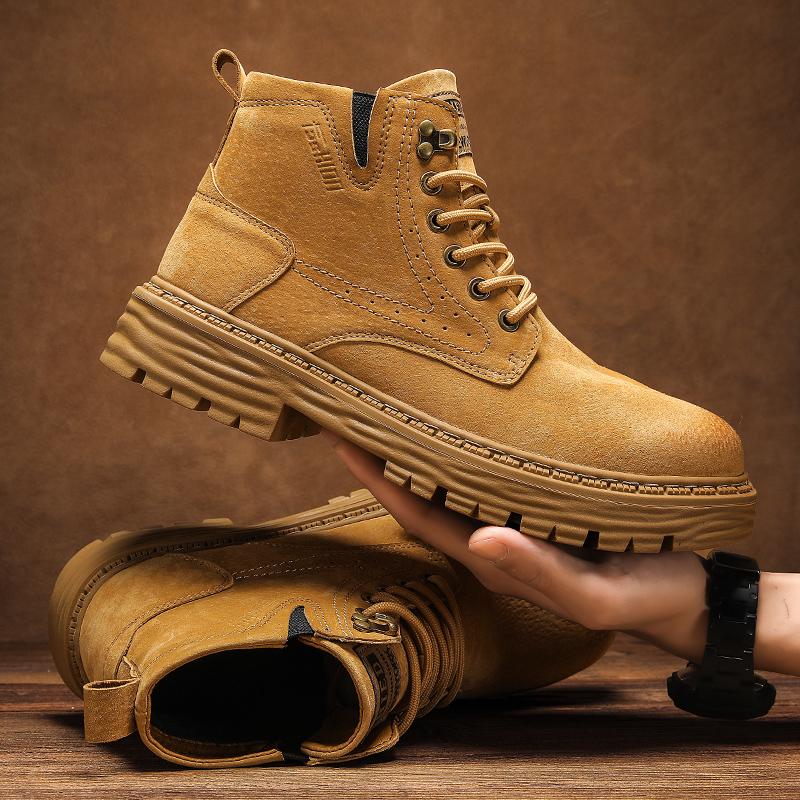 Fashion Autumn Fashion Brown Mens Ankle Boots Comfortable Suede Leather Biker Boots Man Non-slip Motorcycle Boots for Men High Top Botas