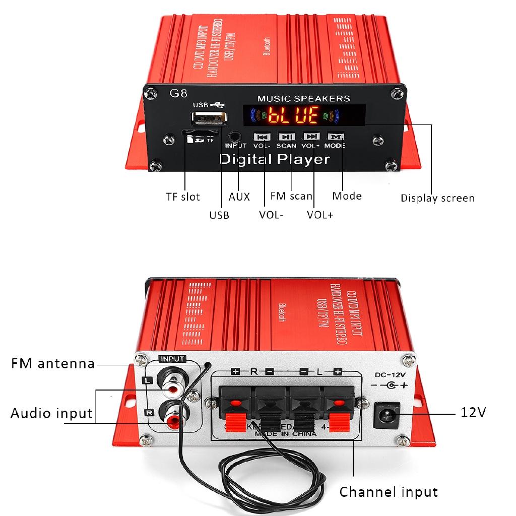 2CH 100W+100W DC 12V Bluetooth Stereo FM Radio USB Remote Control Red Car Audio Amplificador HIFI Audio Power Amplifier