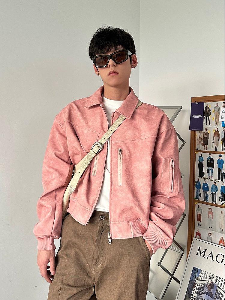 Men's 2025 Spring/Autumn Distressed Short Jacket with Padded Shoulders and Metal Zipper Design