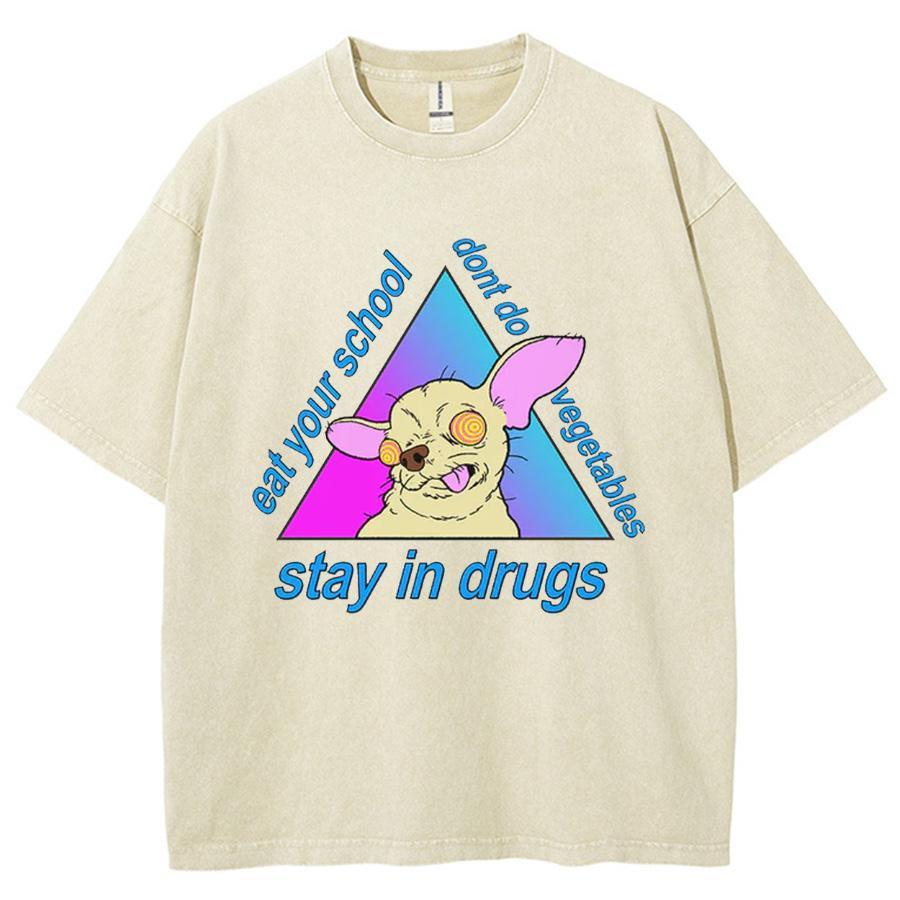 Fashion Trend Puppy Print Women Washed T-Shirt Loose Oversized Couple Short Sleeve Distressed Top Spot Tees