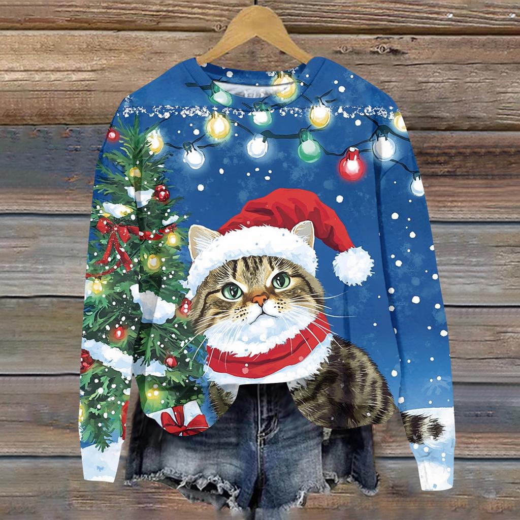 Ladies' Christmas Printed Casual Long Sleeved Round Neck Sports Hoodie Top