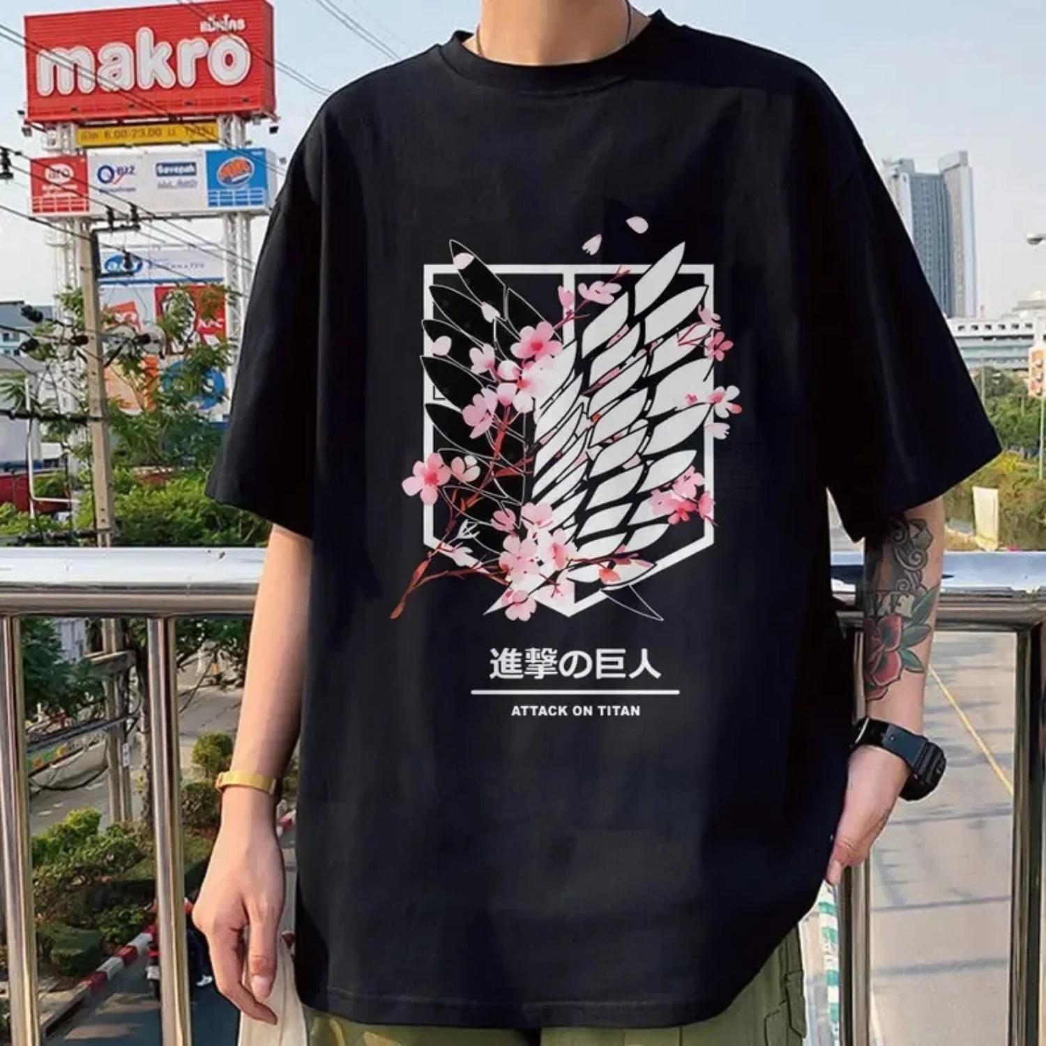 

2026 Fashion Casual High Quality T-shirt Man Attack on Titan Unisex Short Sleeve Tee Parent-child Anime Print Summer Unisex Tops S чёрный