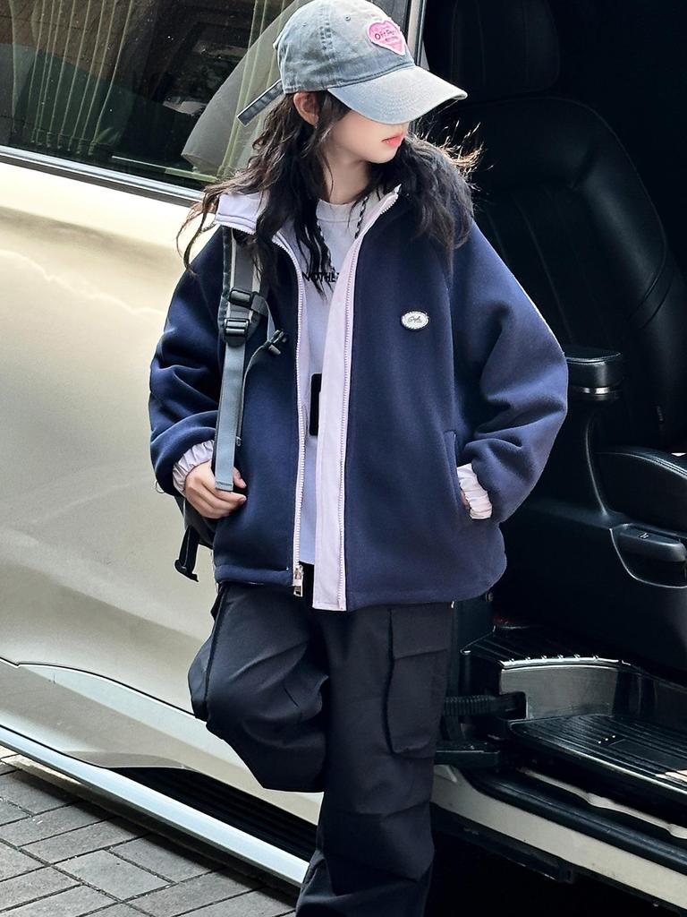 Girls' Reversible Hooded Mid-Length Fleece-Lined Windbreaker (2025 Autumn/Winter Collection)