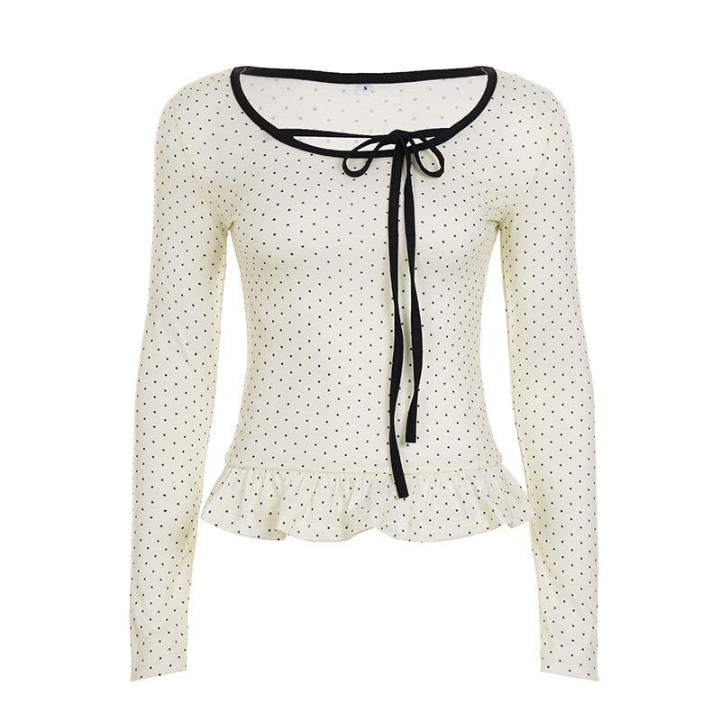 

C3251Tp European and American Cross-Border French-Style Polka Dot Print Tie-Up Long-Sleeve Women s Youthful Ruffled Slim-Fit Top White S
