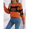 Autumn and Winter Women's Halloween Theme Pumpkin Head Clashing Colours Knitted Long Sleeve Pullover Sweater