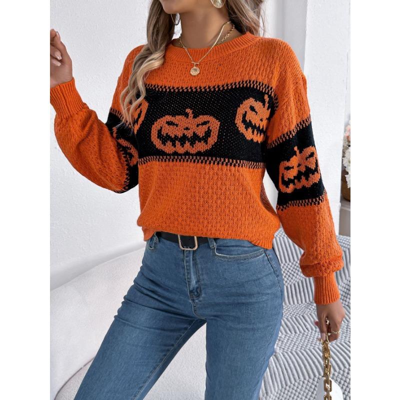 Autumn and Winter Women's Halloween Theme Pumpkin Head Clashing Colours Knitted Long Sleeve Pullover Sweater
