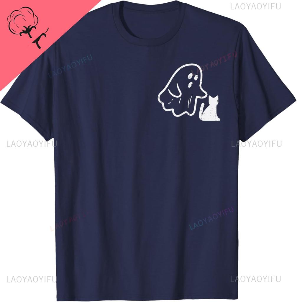 Ghost Cat Pocket Funny Halloween Costume Unisex Women Kids TShirt Casual Streetwear Y2k Harajuku Cotton Summer Tops
