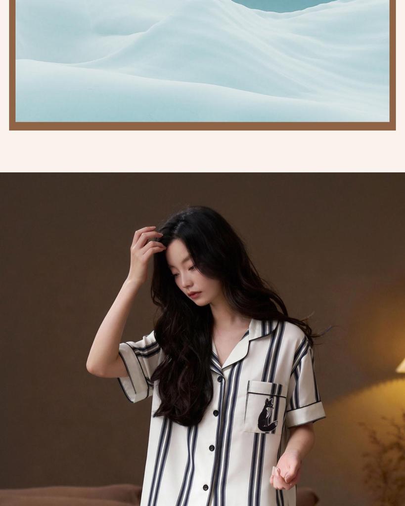 Damen Gestreiftes Eis Seiden Pyjama Set, Kurzarm Oberteil & Shorts für Drinnen oder Draußen