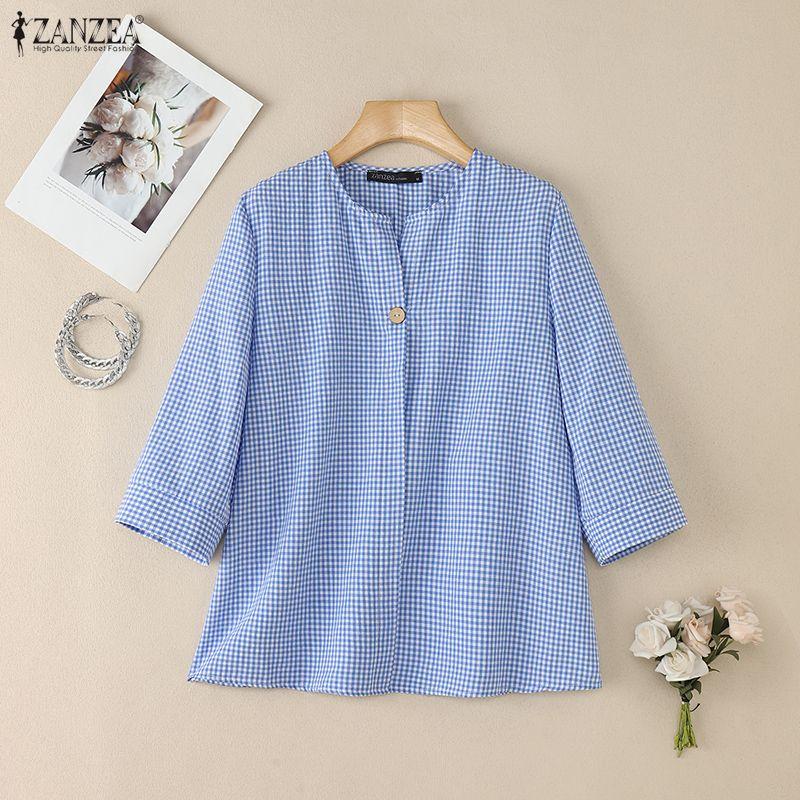 ZANZEA Damen Karo-Print Lässige Rundhals-Bluse mit 3/4-Ärmeln