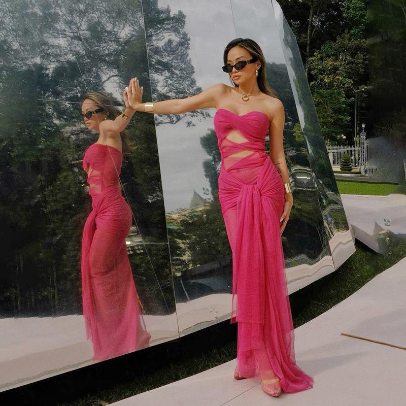 Spring New Women's Fashion Sexy Tube Top One-shoulder Perspective Strappy Slim Dress for Women