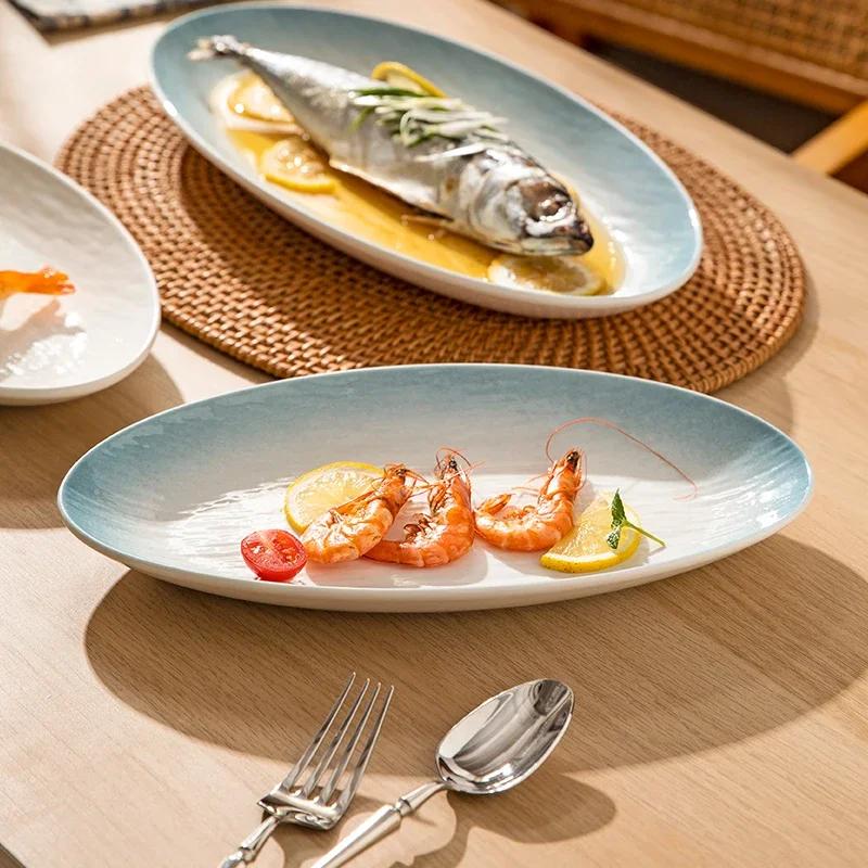 10-14 inch Ceramic Fish Plate  Oval Serving Plates  Trays and Platters Oven Safe  Porcelain Dinner Tray Serving Dishes for Meat