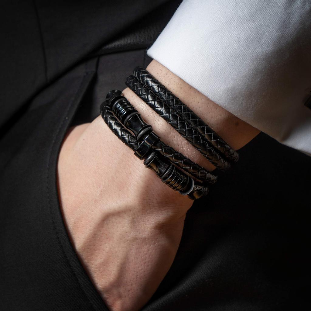 23cm Black Bracelet Men Gift Box Genuine PU Braid Adjustable Magnetic Clasp Multilayer Wrap Rope Manman Men Boys Men Bracelet Band Jewelry Magnet