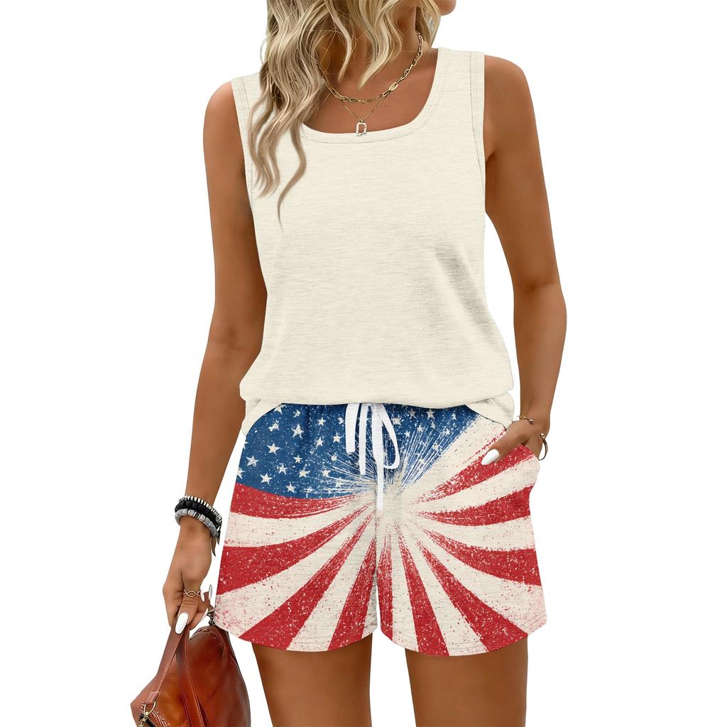 Women Summer Casual Two Piece Set Sleeveless Tank Top Square Neck Athletic Vest with Pockets and Drawstring Waist Shorts