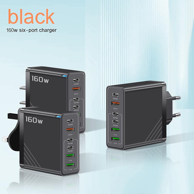 160W 6-Port Fast Charging Usb Type C Quick Charge Pd Qc3.0 Wall Charger Adapter For Iphone Xiaomi Samsung Huawei Phone Charger