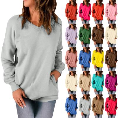 Sweat-shirt décontracté à col en V pour femmes, ample, doux, manches longues, hauts pull, chemises solides avec poches latérales