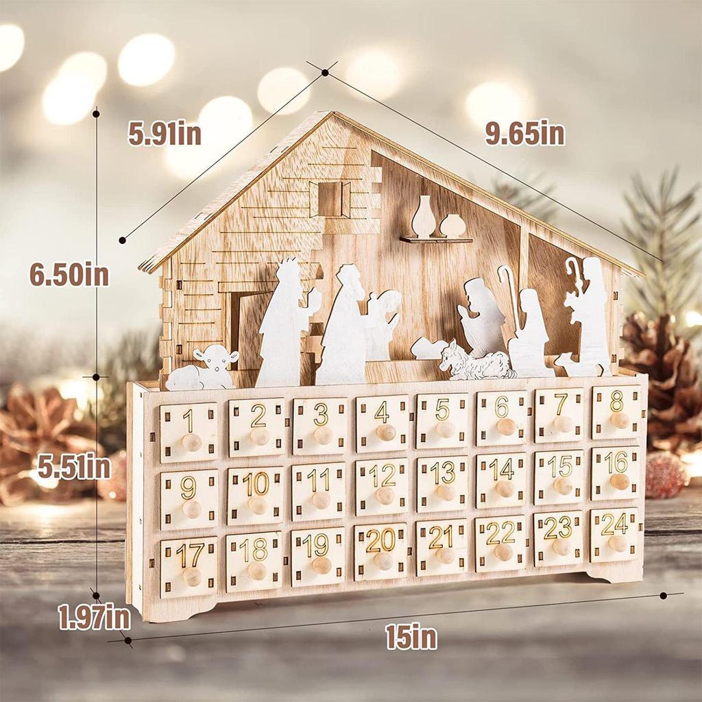 Christmas LED Light Countdown Calendar Cabinet Nativity Scene House Advent 24 Days Wooden Christmas Decor Ornament Crafts