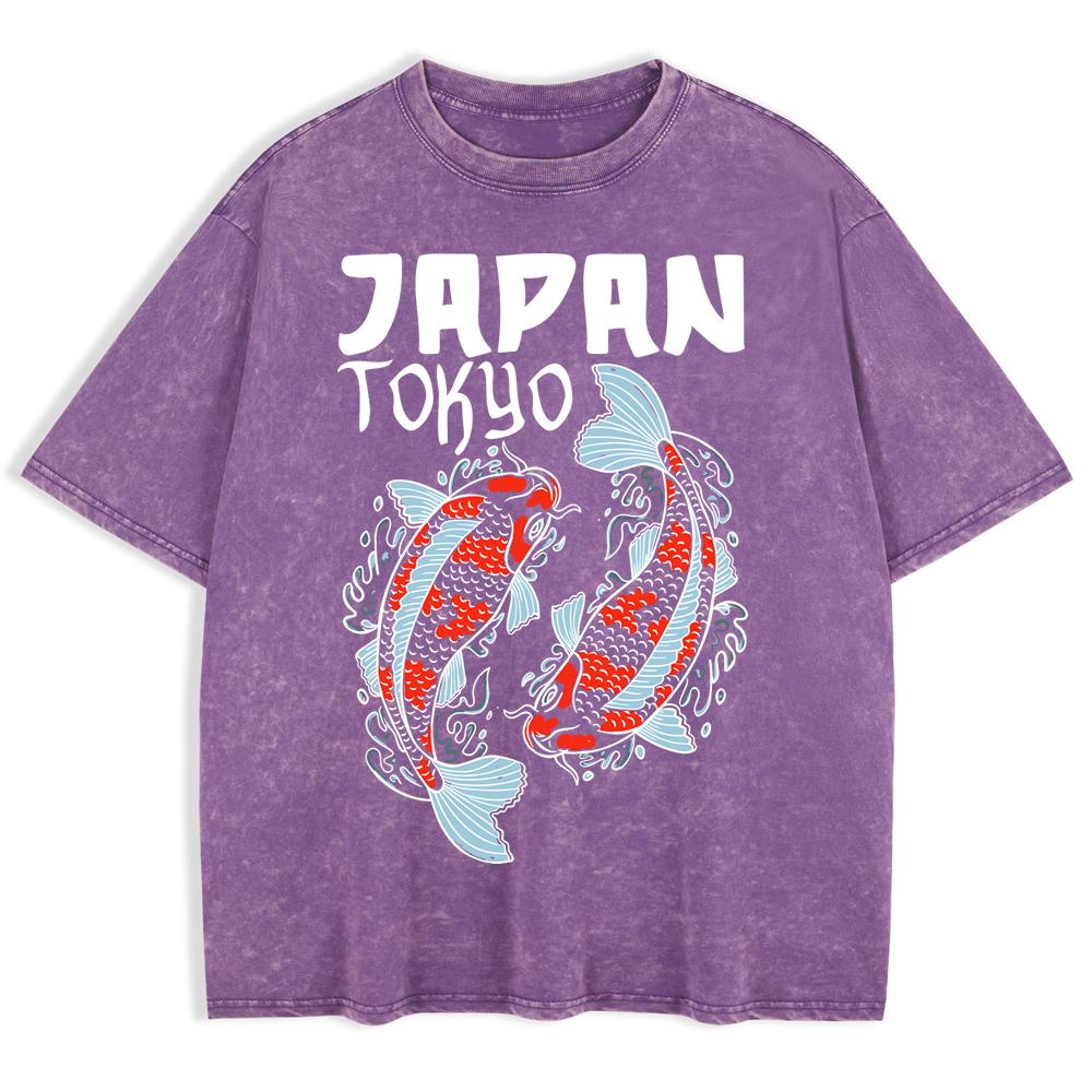 Japanese Koi Harajuku Printed Washed T-Shirts Mens Cotton Short Sleeve Tops Summer O-Neck Oversized T Shirt Clothes
