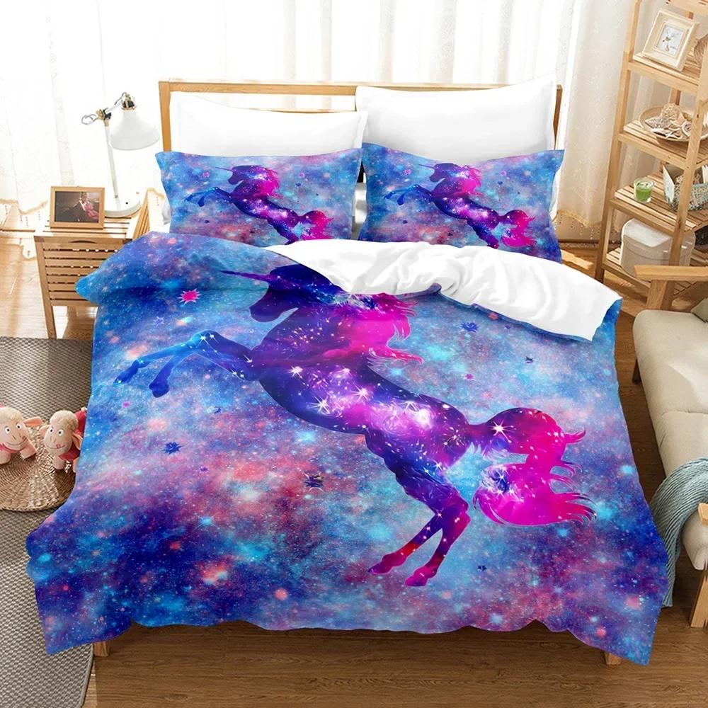 Luxury New 3D Print Cartoon Unicorn Duvet Cover Set King/Queen Size Cute Pink Blue Fairy Tale Animals Polyester Bedding Set