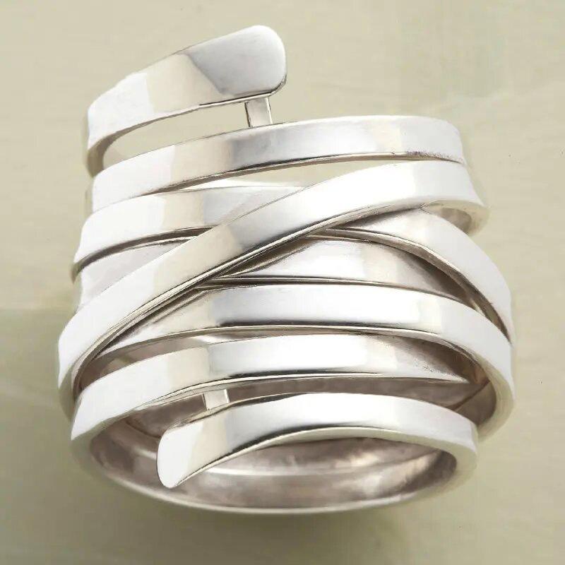 Temperament Creative Copper Ring Women, Exaggerated Fashion Smooth Surface Multi-Layer Winding Ring Geometric Lines