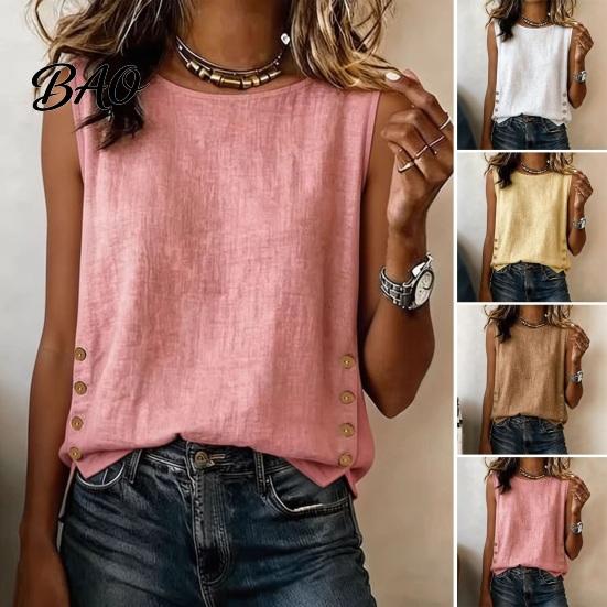 Soft Blouse Summer Tops for Women, Round Neck Sleeveless Pullover Tops, Pure Color Stretchy Breathable Regular Fit Vest Work Party Vacation
