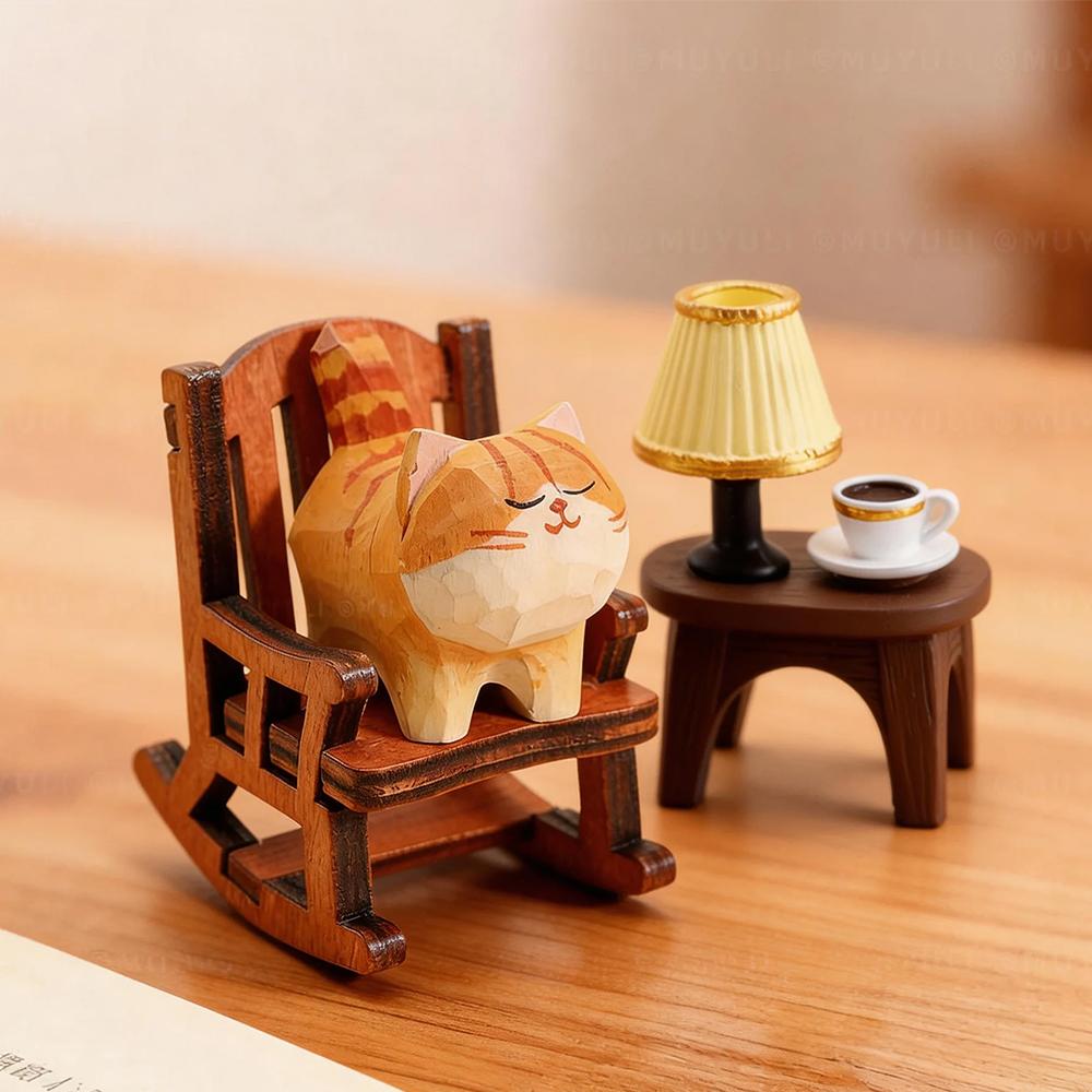 Cute Cat Animals Figurine Decorative Wooden Ornament Miniature Kitten Coffee Home Bedroom Office Desk Decoration Gift Statue