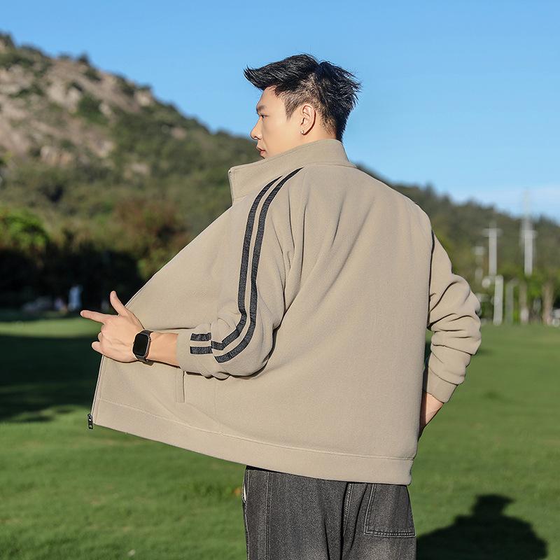 Autumn and Winter Men's Two-bar Fluffy Warm Anti-static Stand-up Collar Fleece Jacket Cardigan