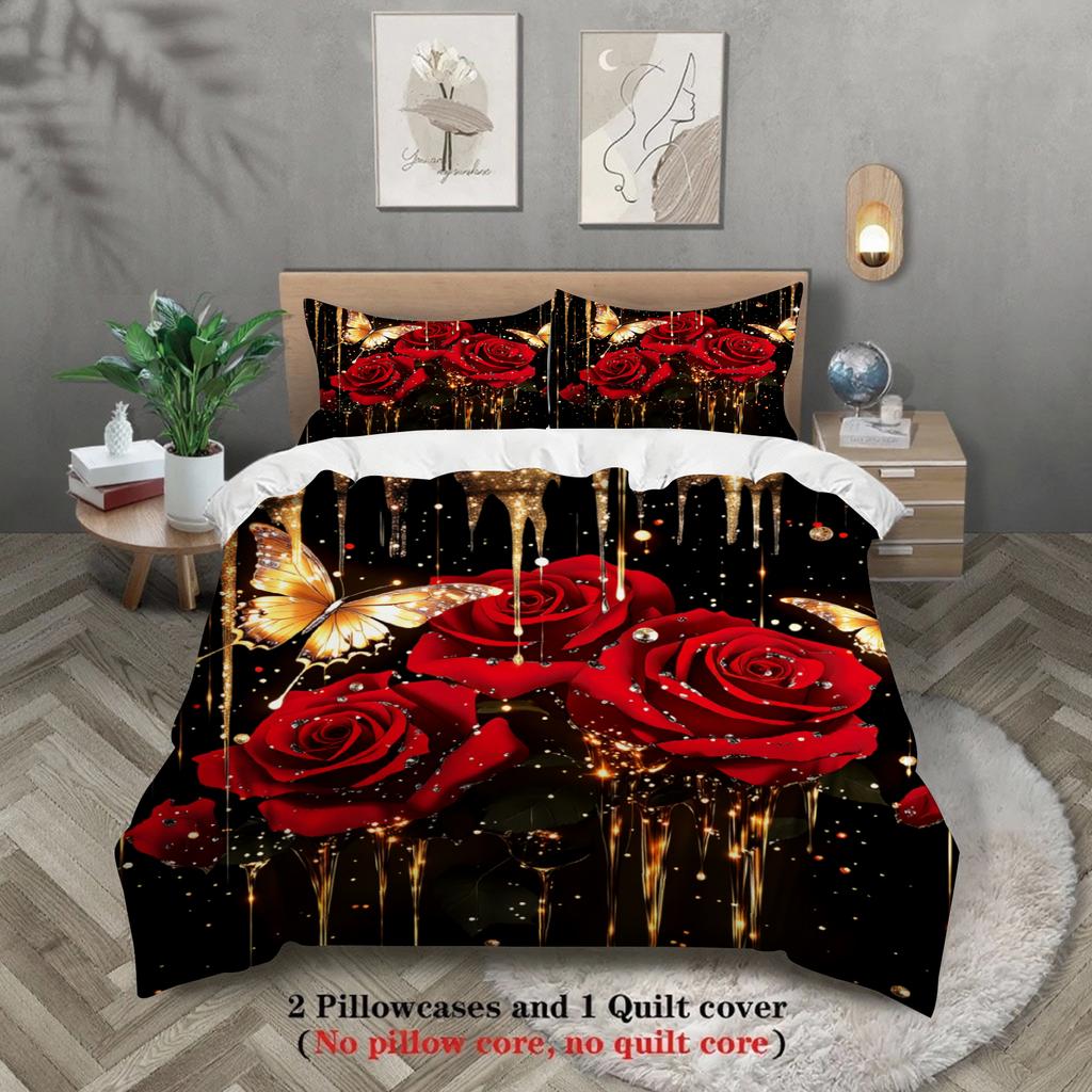 3pcs Full Size Duvet Cover Comforter Not Included For Couples Bedroom 3D Printed Romantic Floral Bedding Sets With 2 Pillowcases