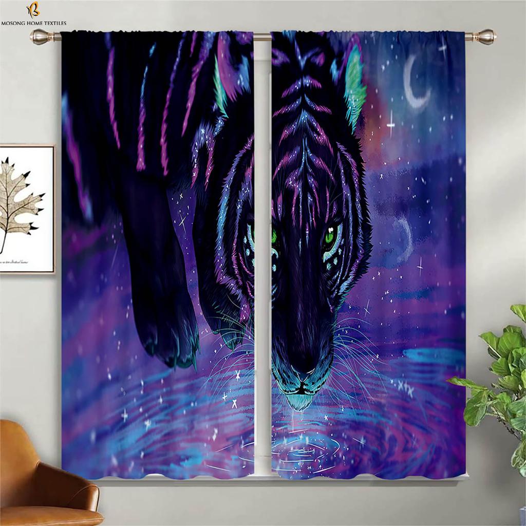 Tiger Cheetah 3d Printed Curtains High Quality Black Silk Blackout Curtains Suitable For Bedroom Study Living Room Curtains 2PCS