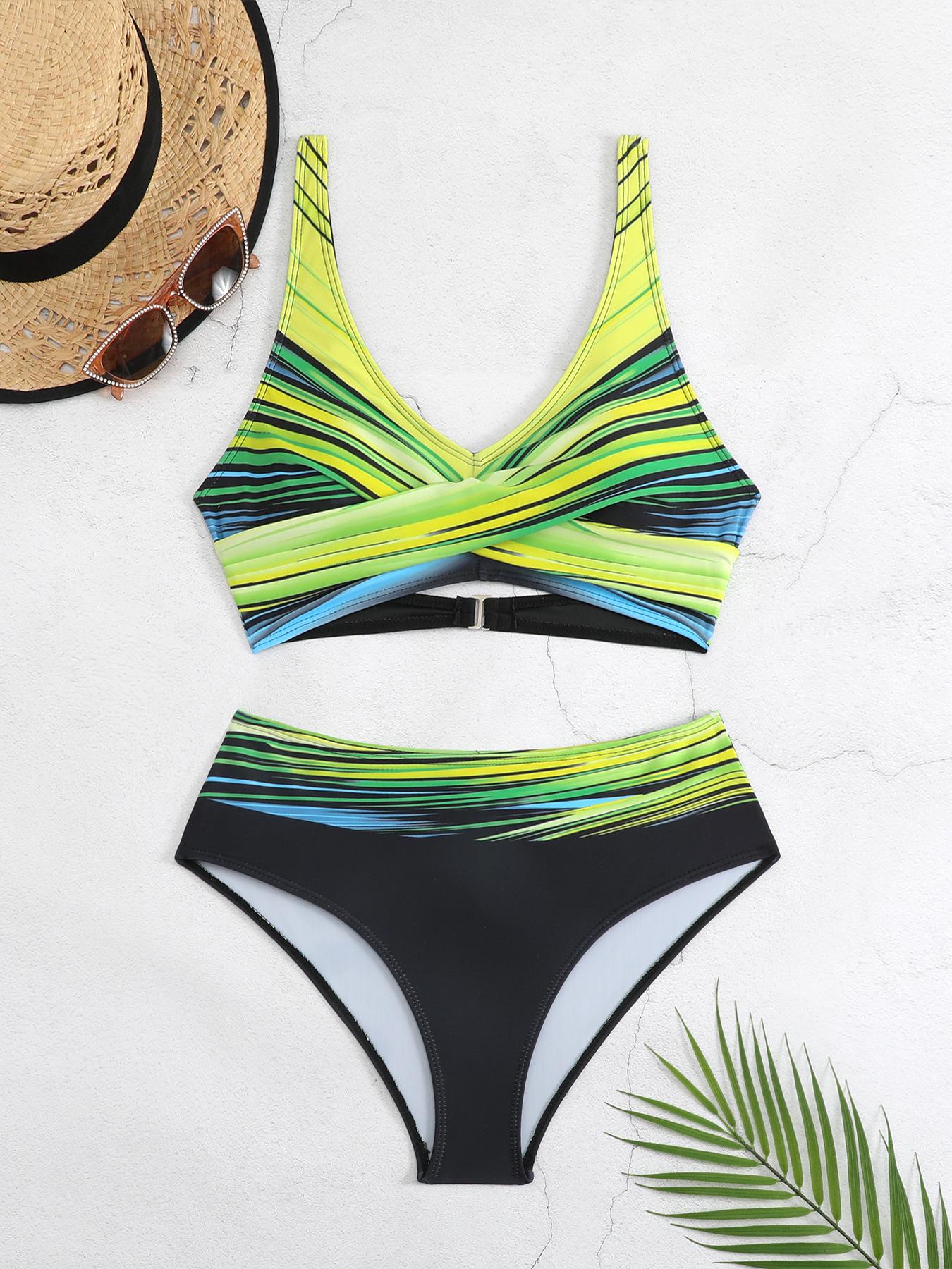 

Женский полосатый купальник бикини с высокой талией тай-дай 2025 - Двухсекционный, Дизайн с вырезами, Сексуальный стиль 2XL зелёный