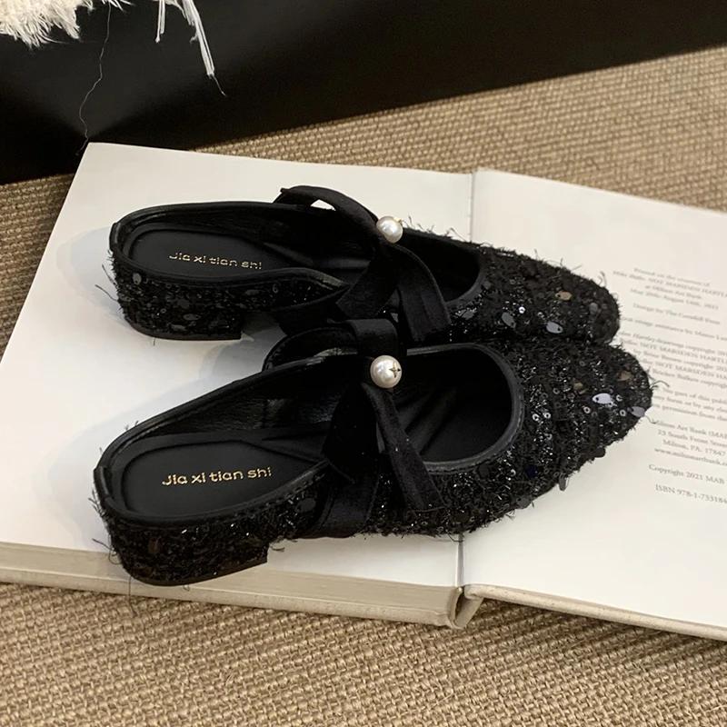 2025 Summer Cover Toe Women Muels Slippers Shoes Fashion Shallow Butterfly-knot Street Style Thick Heel Slides Shoes