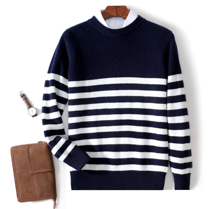 Men's Striped Pure Wool Round Neck Casual Thick Knit Sweater for Autumn & Winter