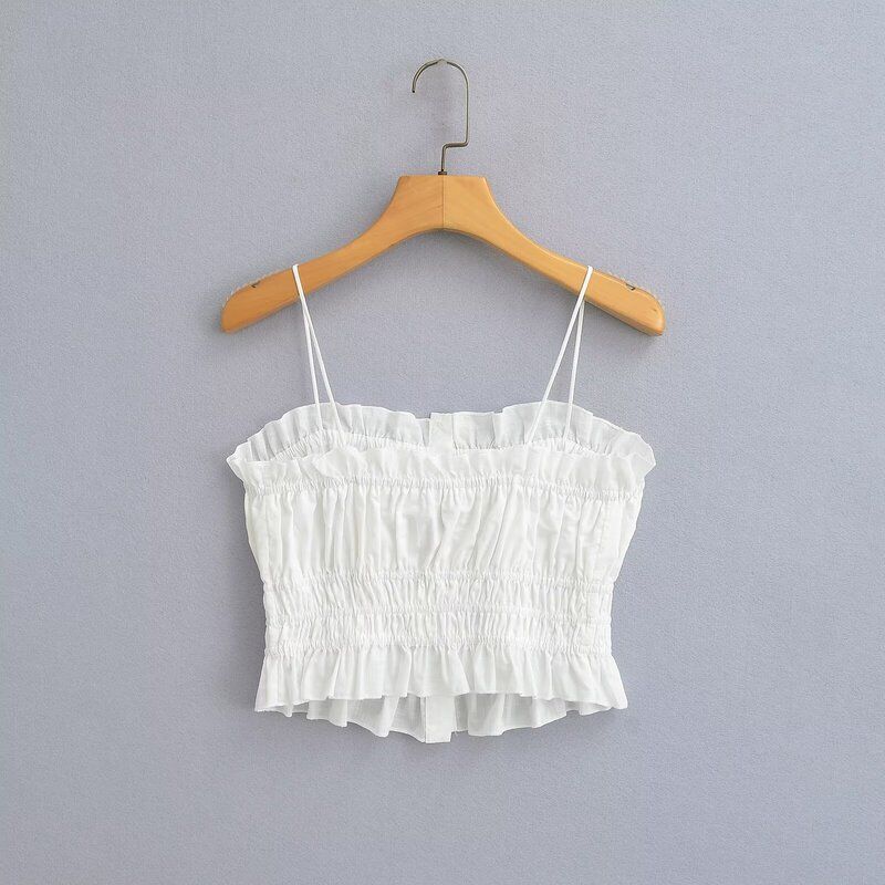 Fashion Style 2024 Summer New Arrival Female Easiest for Match Sweet Girl Wooden Ear Smocking Short Camisole Uwl240053