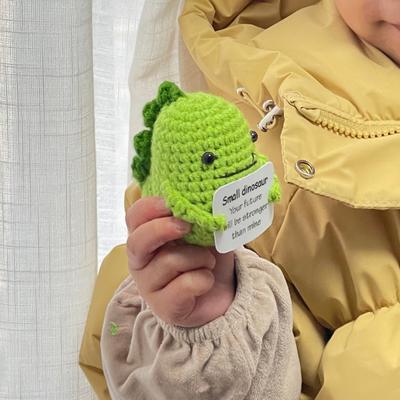 Positive Crocheted Dinosaur with Encouraging Card Emotional Support Handmade Knitting Dino Doll Toy Decoration Kids Adults Christmas Gift