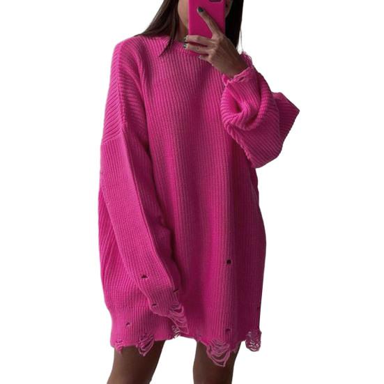 Women Sweater Three-Dimensional Tailoring Loose Fit Soft Knitted Sweater O-Neck Long Sleeve Ripped Holes Mid-length Tops
