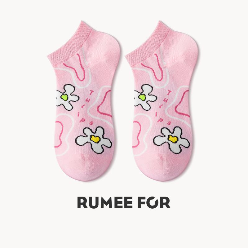 5 Pairs of Female Summer Thin Deodorant Sweat Absorbing Lovely Breathable Shallow Mouth Cartoon Boat Socks