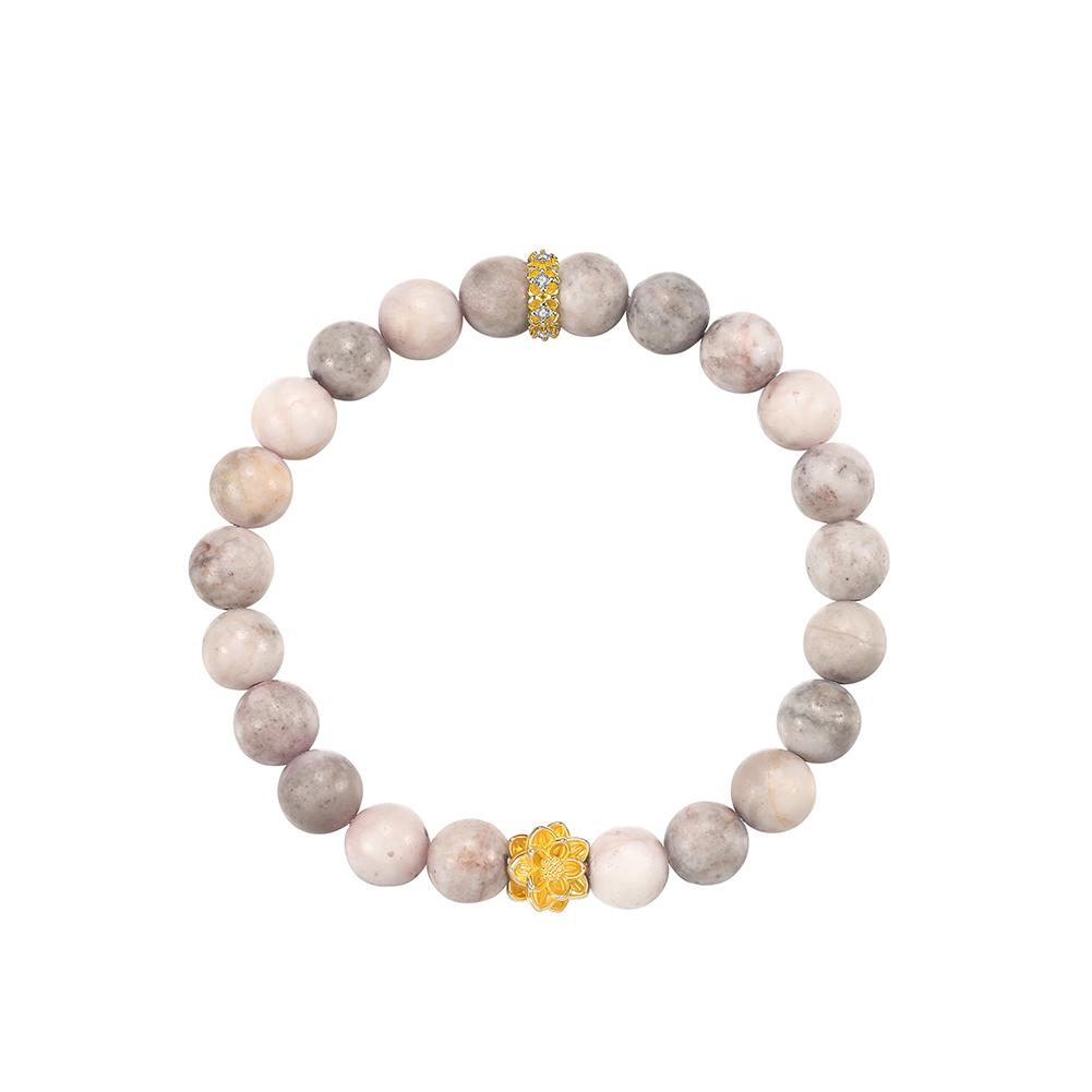 

EFFIE QUEEN 14K Gold Plated Flower 8MM Zebra Stone Delicate Beaded Bracelet for Women Fashion Elastic Hand Jewelry Gift GMB106