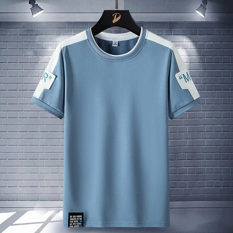 Хлопковая футболка с коротким рукавом, мужская летняя корейская версия, свободная повседневная футболка с круглым вырезом и принтом M синий