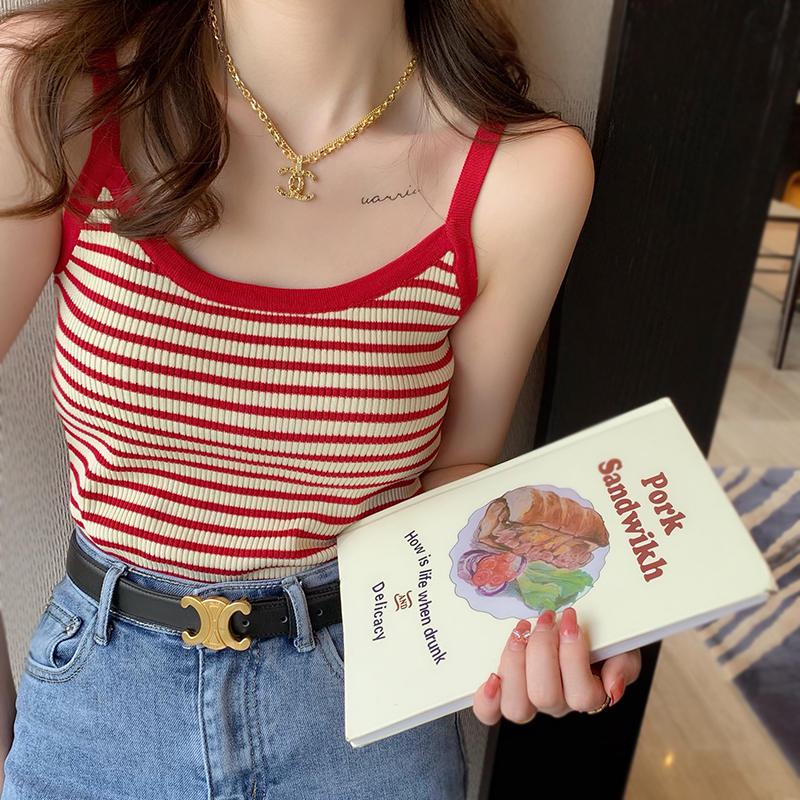 

Полосатый вязаный жилет из ледяного шелка: Женский приталенный летний топ без рукавов в французском ретро-стиле S красный