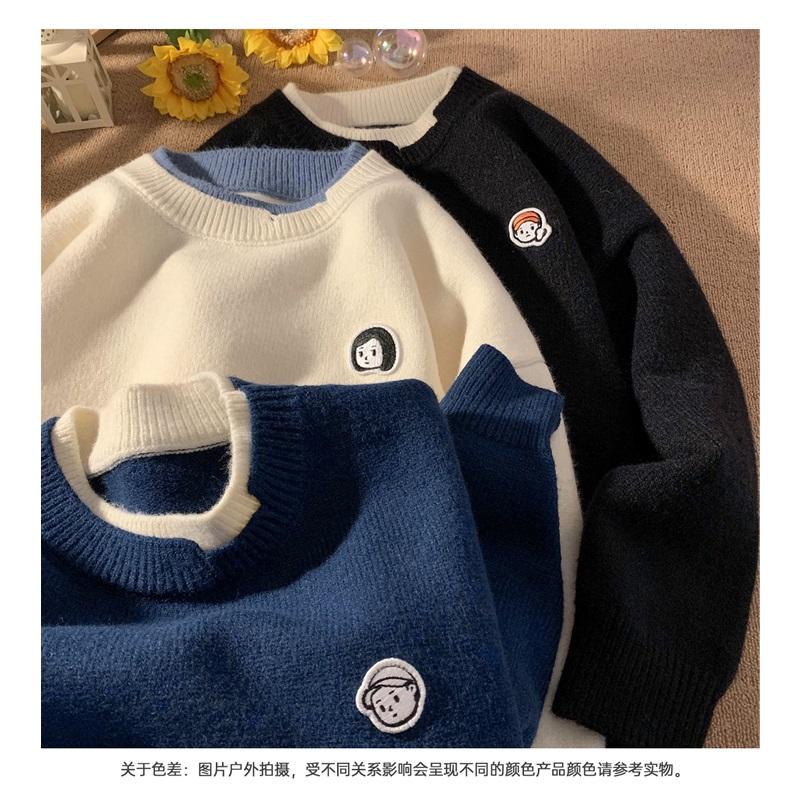 Men's Fake Two Piece Knit Sweater Crew Neck Casual Embroidered Pullover