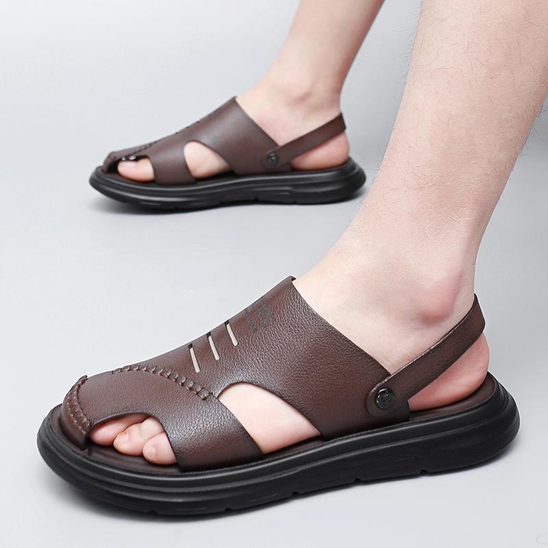 2025Summer Black/Brown Beach Slippers Cowhide Sandals Breathable Shoes Men Baotou Sandals Genuine Leather Non-Slip Outdoor Shoes